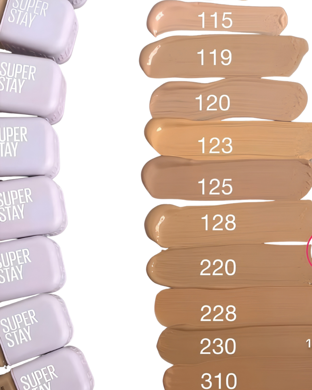Muestras de tonos de la base Maybelline Lumi-Matte